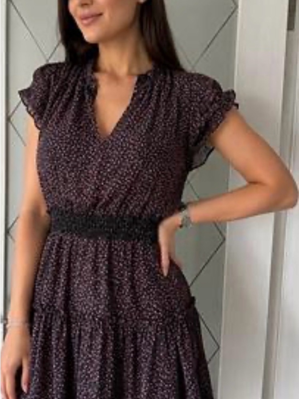 Rebecca Minkoff Plum Micro-Print Smocked Waist Midi Dress